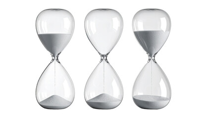 Three clear glass hourglasses, side-by-side, depict a passage of time.  Sand within each hourglass is in various stages of descent