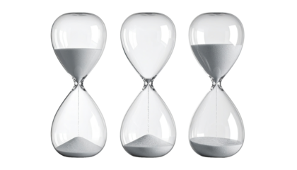 Three clear glass hourglasses, side-by-side, depict a passage of time.  Sand within each hourglass is in various stages of descent