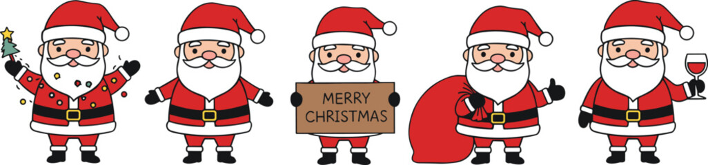 Cute Santa Claus cartoon collection with Christmas tree, gift bag, holiday sign, festive wine glass, merry celebration illustration