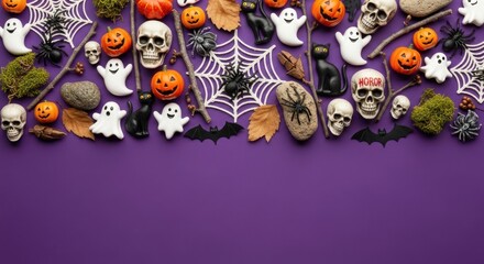 Fototapeta premium Halloween flat lay featuring pumpkins ghosts skulls and bats on purple background