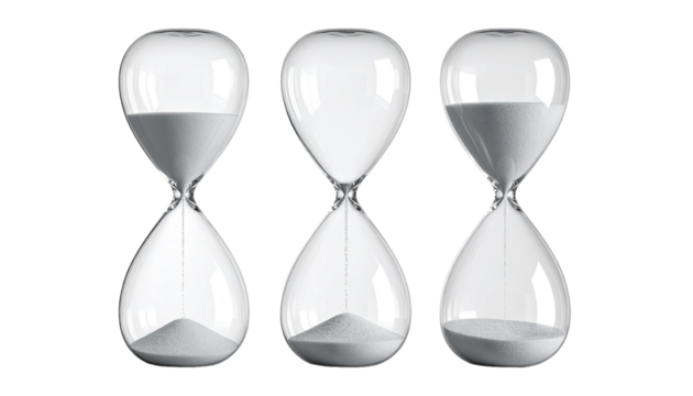 Three clear glass hourglasses, side-by-side, depict a passage of time.  Sand within each hourglass is in various stages of descent