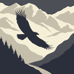 An eagle soars over a mountain range in a monochromatic landscape