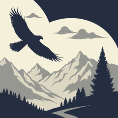 An eagle soars over a mountain range with a pine tree in the foreground