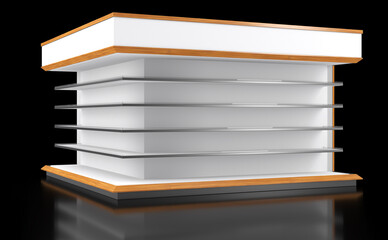 Freestanding retail display unit on black background. White gondola shelving with wood-grain edges and topper. 3d illustration