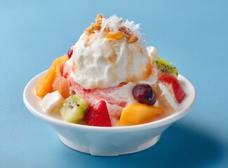 Close up of a bowl of shaved ice with fruit and cream on a blue background in a white bowl