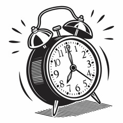 Black and white illustration of a ringing alarm clock