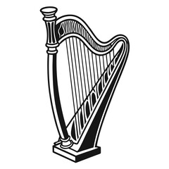 Elegant black and white illustration of a harp