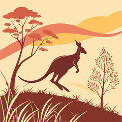 Kangaroo silhouette jumping in the australian outback landscape illustration © Abu