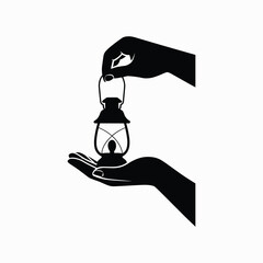 Silhouette of hands holding an old-fashioned oil lantern on a white background oil lamp kerosene lamp