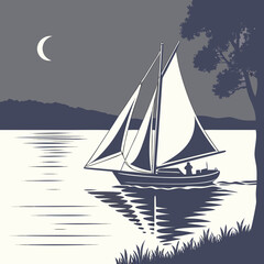 Sailboat sailing on a calm lake under the moonlight in a serene night