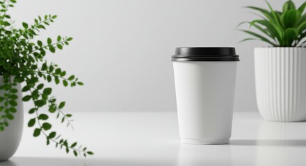White disposable coffee cup with black lid isolated on white background
