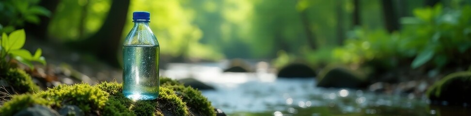 Close-up of water sample bottle in forest setting, leaves and stream visible, field work, scientific, macro