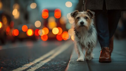 Terrier dog walking on city street at night
