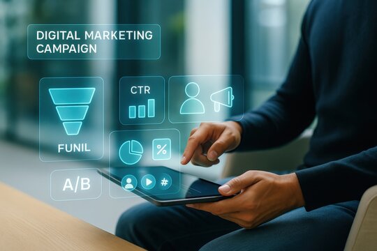 Executing a digital marketing campaign strategies tools and metrics analysis in a modern office environment