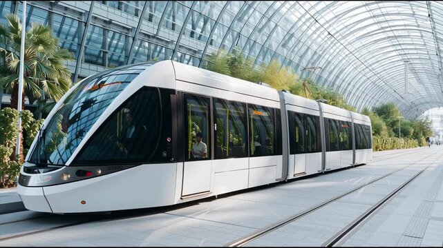 White modern tram train at futuristic station. Public transport system in contemporary urban environment footage.