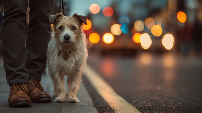 Dog standing with owner on city street at night