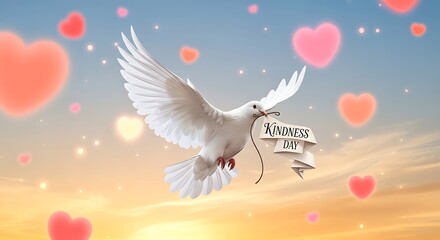 Fototapeta premium White dove carries 'Kindness Day' banner amidst glowing hearts and sunset sky