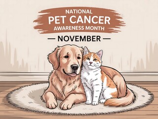 Golden retriever and tabby cat together for national pet cancer awareness month in november