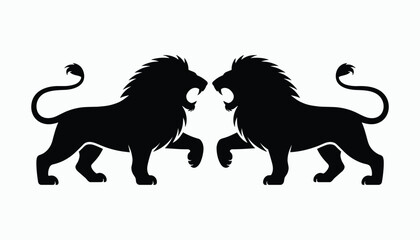 Two black silhouette lions facing each other with open mouths on white vector illustration