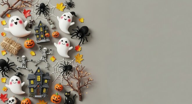 Spooky halloween decorations featuring ghosts pumpkins spiders and haunted house
