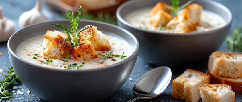 Enjoy a delicious creamy garlic soup topped with crispy bread and fresh herbs for a comforting meal any time of year