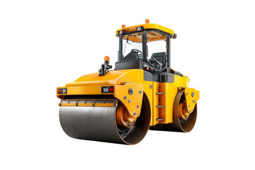 Fototapeta premium Yellow road roller construction vehicle isolated on transparent background