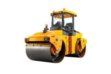 Yellow road roller construction vehicle isolated on transparent background