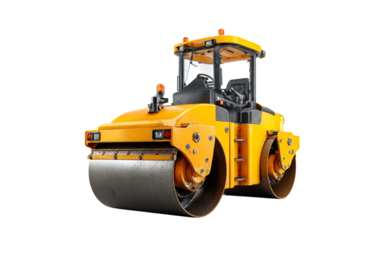 Yellow road roller construction vehicle isolated on transparent background