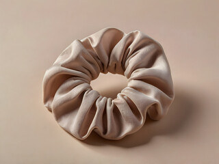 satin hair scrunchie in beige, against neutral background