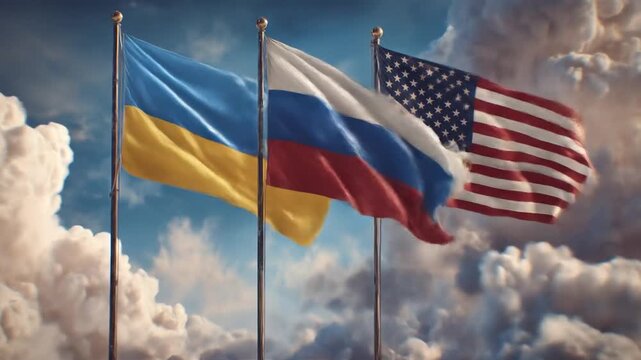 Three flags Ukraine, Russia, and USA, waving against a cloudy sky background