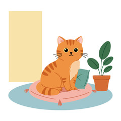 Obraz premium A charming cartoon orange tabby cat with big eyes sitting attentively on a pink tassel cushion.