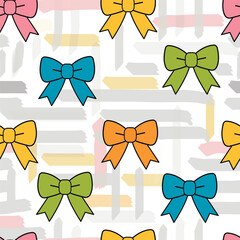 Seamless pattern with bows in flat design style, bright solid bows on a background with abstract strokes and lines