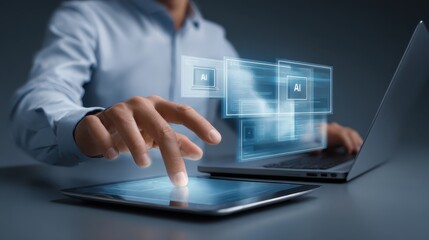 Person interacting with futuristic digital interface on tablet and laptop