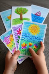 Hand holding a collection of colorfully painted birthday cards, each featuring unique childrens' artwork with nature and springtime themes.