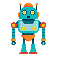 Adorable retro robot character with bright colors, perfect for children's books, tech startups, or futuristic branding, evoking a sense of fun, innovation, and nostalgia