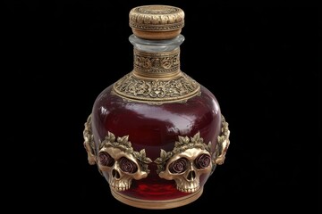 Ornate human skull shaped decanter bottle filled with dark red liquid intricate metalwork detail