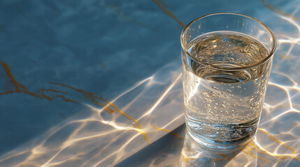 Pure Water in Glass: A close-up image of a clear glass filled with clean, refreshing water, the light casting intricate patterns on the table surface.