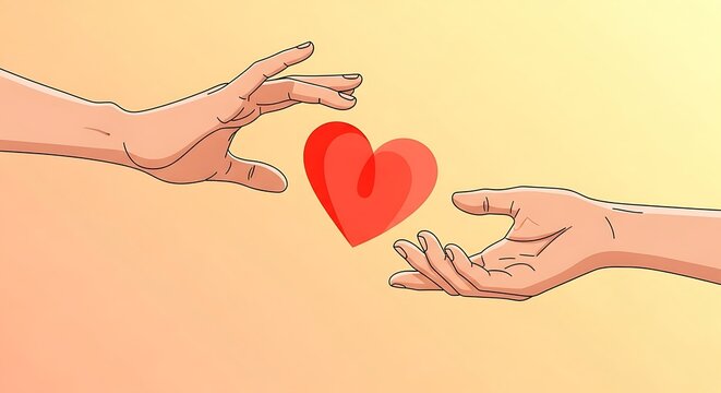 Two gentle hands reaching out to pass a vibrant red heart symbol