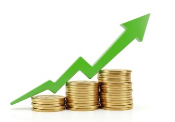 Green arrow graph showing financial growth over stacks of gold coins isolated on white background