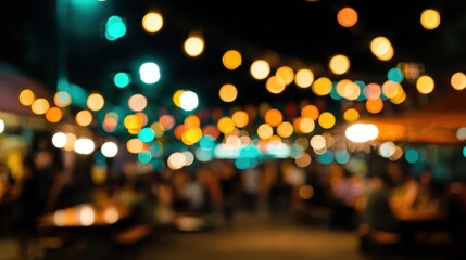 Blurry bokeh lights of an outdoor evening gathering