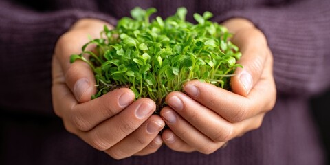 Hands holding a clump of fresh green plants