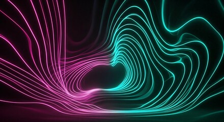 Abstract flowing neon light trails in vibrant pink and teal create a mesmerizing futuristic tunnel effect against a dark background evoking a sense of motion and digital energy