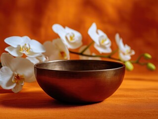 Meditative Bronze Bowl on Orange Fabric with White Orchids