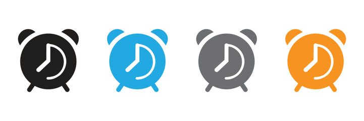 Time's ticking! Get organized with these vibrant alarm clock icons in black, blue, gray, and orange, perfect for websites, apps, presentations, and reminders.