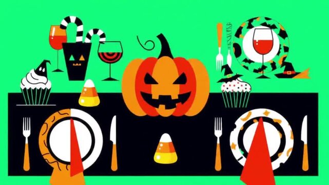 Festive Halloween Dinner Table Vector Illustration Animation.