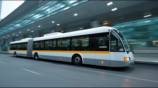 Modern articulated bus in motion on city road. Public transportation for urban travel and commuter route. Fast paced commute trip. Footage