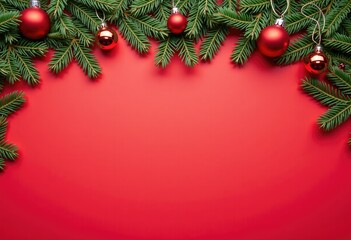 Christmas tree decorations and balls and pine branches top view on red background