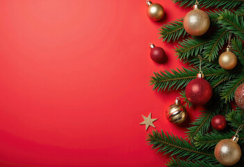 Christmas tree decorations and balls and pine branches top view on red background