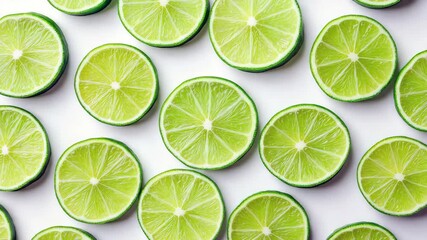 Multiple lime slices with bright green flesh and detailed texture are evenly arranged on a clean white background. Fresh and juicy citrus pattern. Vibrant and summery mood. - Powered by Adobe