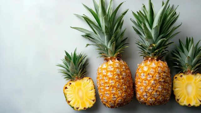 Two whole pineapples and two halved pineapples with green tops placed on light surface. Juicy yellow fruit with tropical texture. Exotic and fresh food layout.